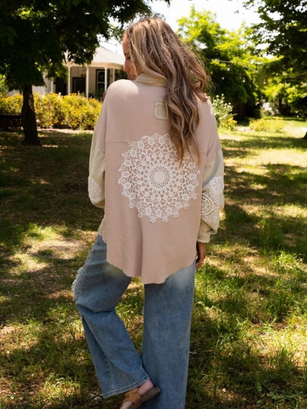 POL (rare find) Crochet Patchwork Button-Down Shacket - Cream/Gray